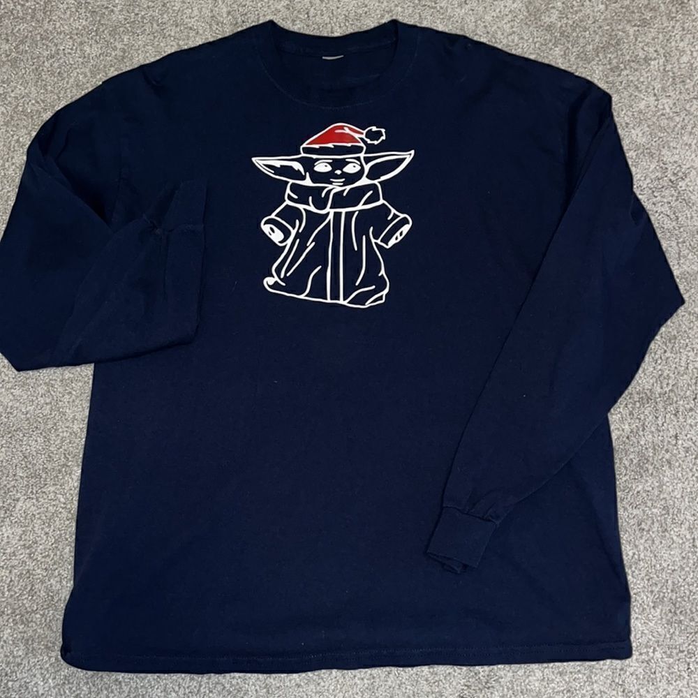 Christmas Santa Star Wars Baby Yoda Grogu The Child Holiday Print Blue LS shirt